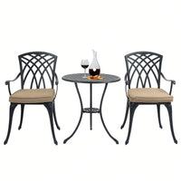 Stylish 3 Piece Cast Aluminum Bistro Set with Cushions for Outdoor Dining Umbrella Hole Ideal for Balcony Garden Lawn