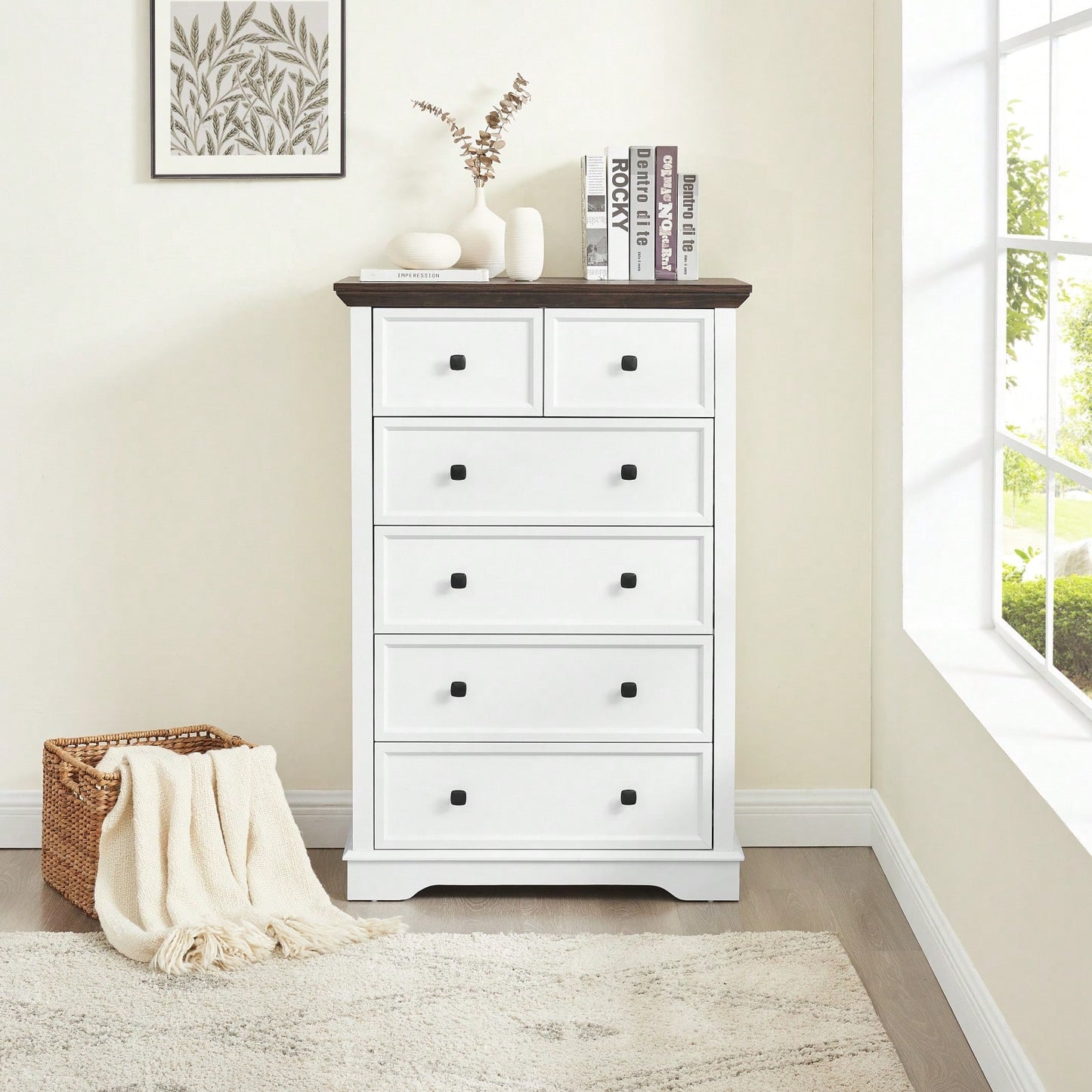 Tall 6 Drawer Fabric Dresser with Wood Grain Top and Metal Handles for Bedroom Storage and Organization