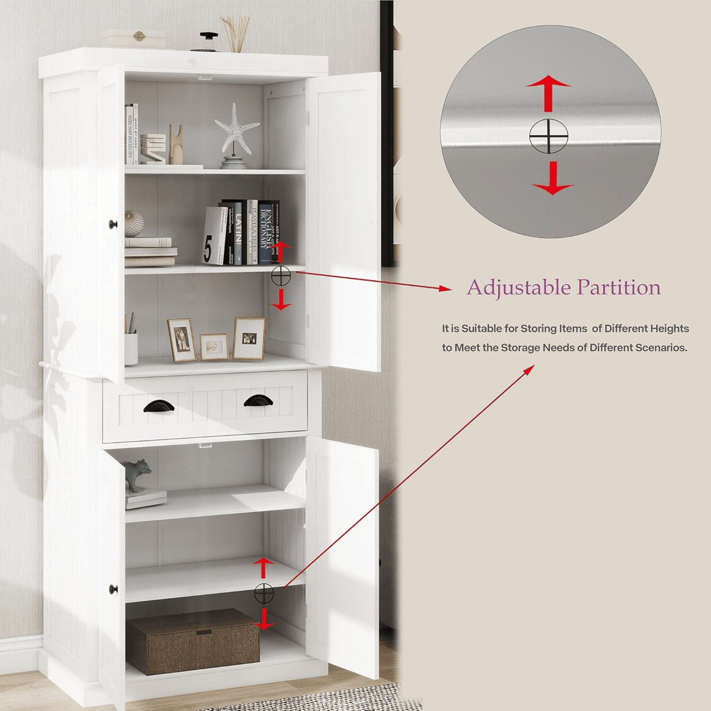 71 Inch White Freestanding Kitchen Pantry Cabinet with 4 Doors Drawer and 2 Adjustable Shelves for Ample Storage