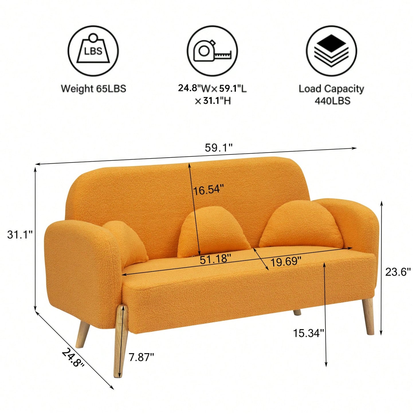 59" Velvet Sofa Bed, 2-Seater Convertible Couch With 3 Lumbar Pillows, Sturdy Wood Frame, Soft Breathable Fabric, Easy Assembly