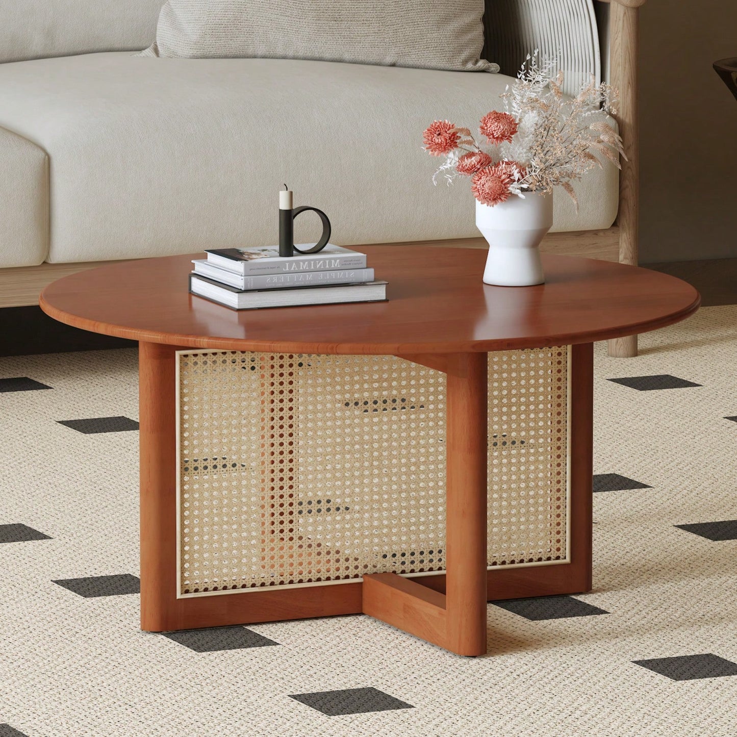 Deep Red Rattan Coffee Table with Storage for Living Room - Rustic Modern Farmhouse Decor