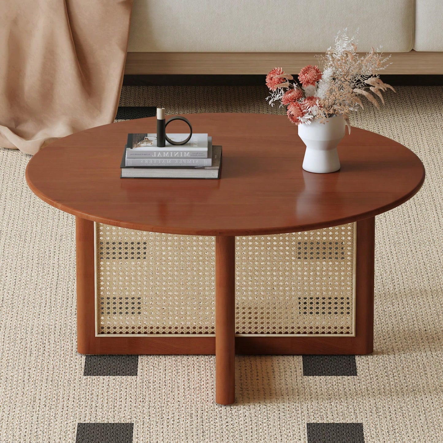 Deep Red Rattan Coffee Table with Storage for Living Room - Rustic Modern Farmhouse Decor