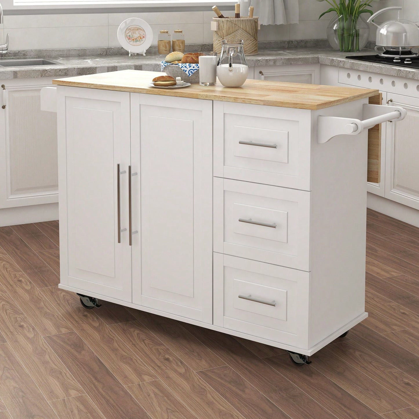Multifunctional Kitchen Island With Extendable Solid Wood Tabletop, Spice Rack, Towel Bar, And Locking Casters