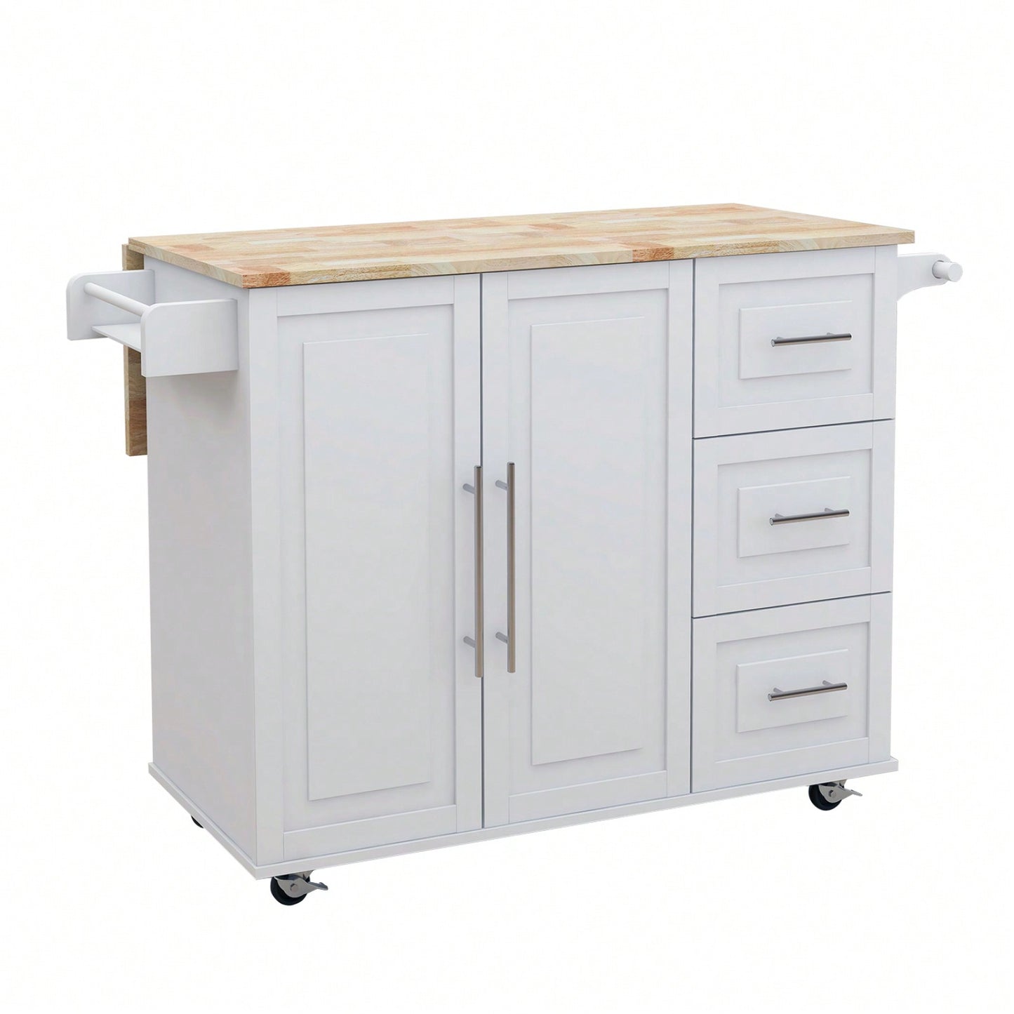 Multifunctional Kitchen Island With Extendable Solid Wood Tabletop, Spice Rack, Towel Bar, And Locking Casters