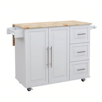 Multifunctional Kitchen Island With Extendable Solid Wood Tabletop, Spice Rack, Towel Bar, And Locking Casters