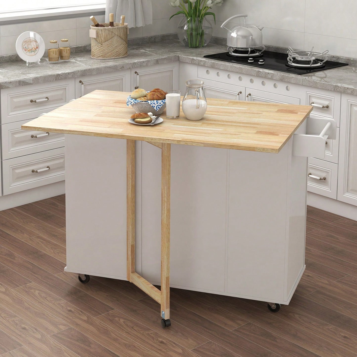 Multifunctional Kitchen Island With Extendable Solid Wood Tabletop, Spice Rack, Towel Bar, And Locking Casters