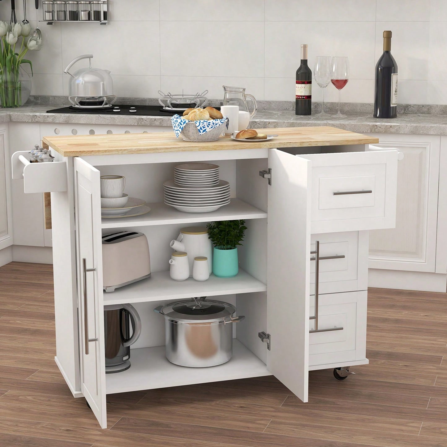 Multifunctional Kitchen Island With Extendable Solid Wood Tabletop, Spice Rack, Towel Bar, And Locking Casters