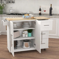 Multifunctional Kitchen Island With Extendable Solid Wood Tabletop, Spice Rack, Towel Bar, And Locking Casters