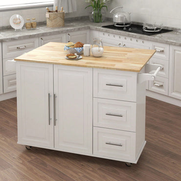 Multifunctional Kitchen Island With Extendable Solid Wood Tabletop, Spice Rack, Towel Bar, And Locking Casters