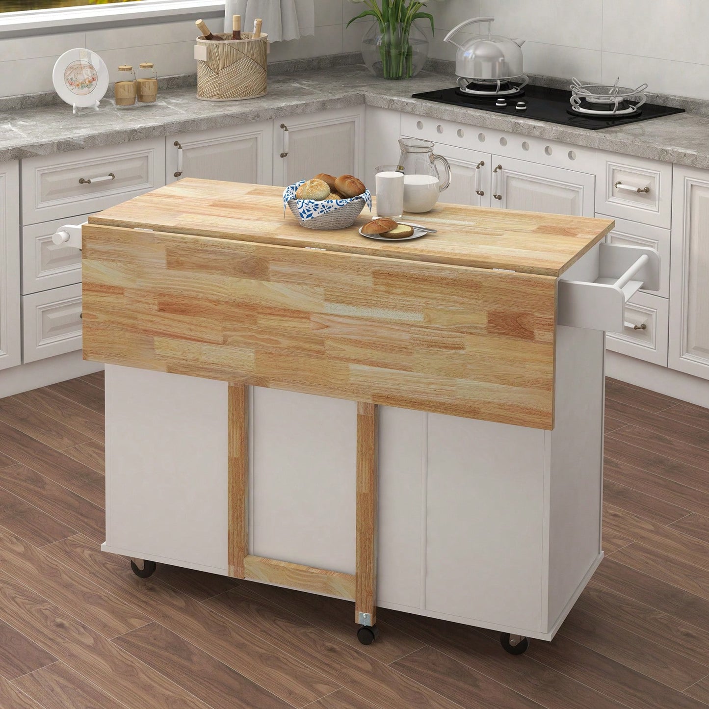 Multifunctional Kitchen Island With Extendable Solid Wood Tabletop, Spice Rack, Towel Bar, And Locking Casters