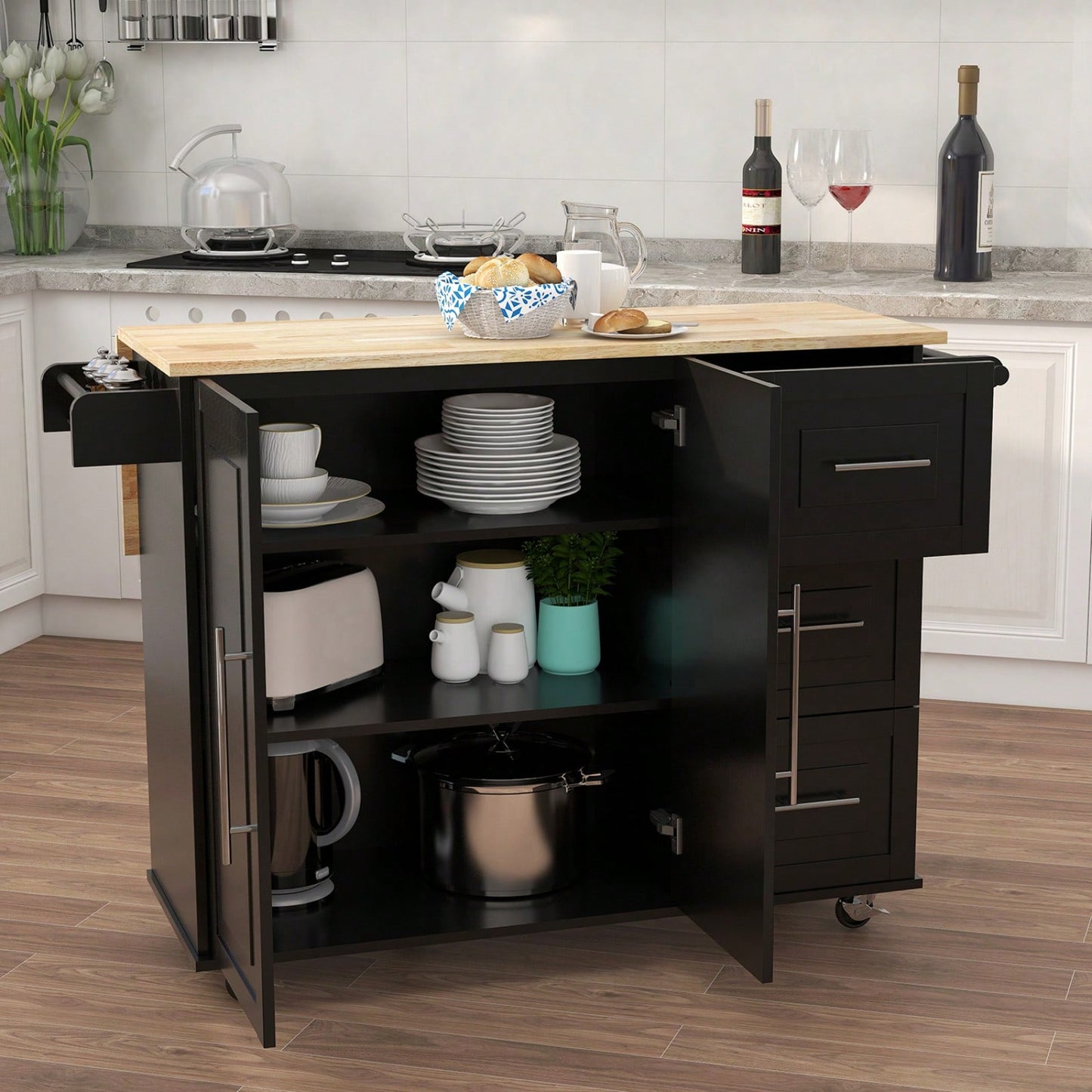 Multifunctional Kitchen Island With Extendable Solid Wood Tabletop, Spice Rack, Towel Bar, And Locking Casters