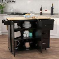 Multifunctional Kitchen Island With Extendable Solid Wood Tabletop, Spice Rack, Towel Bar, And Locking Casters