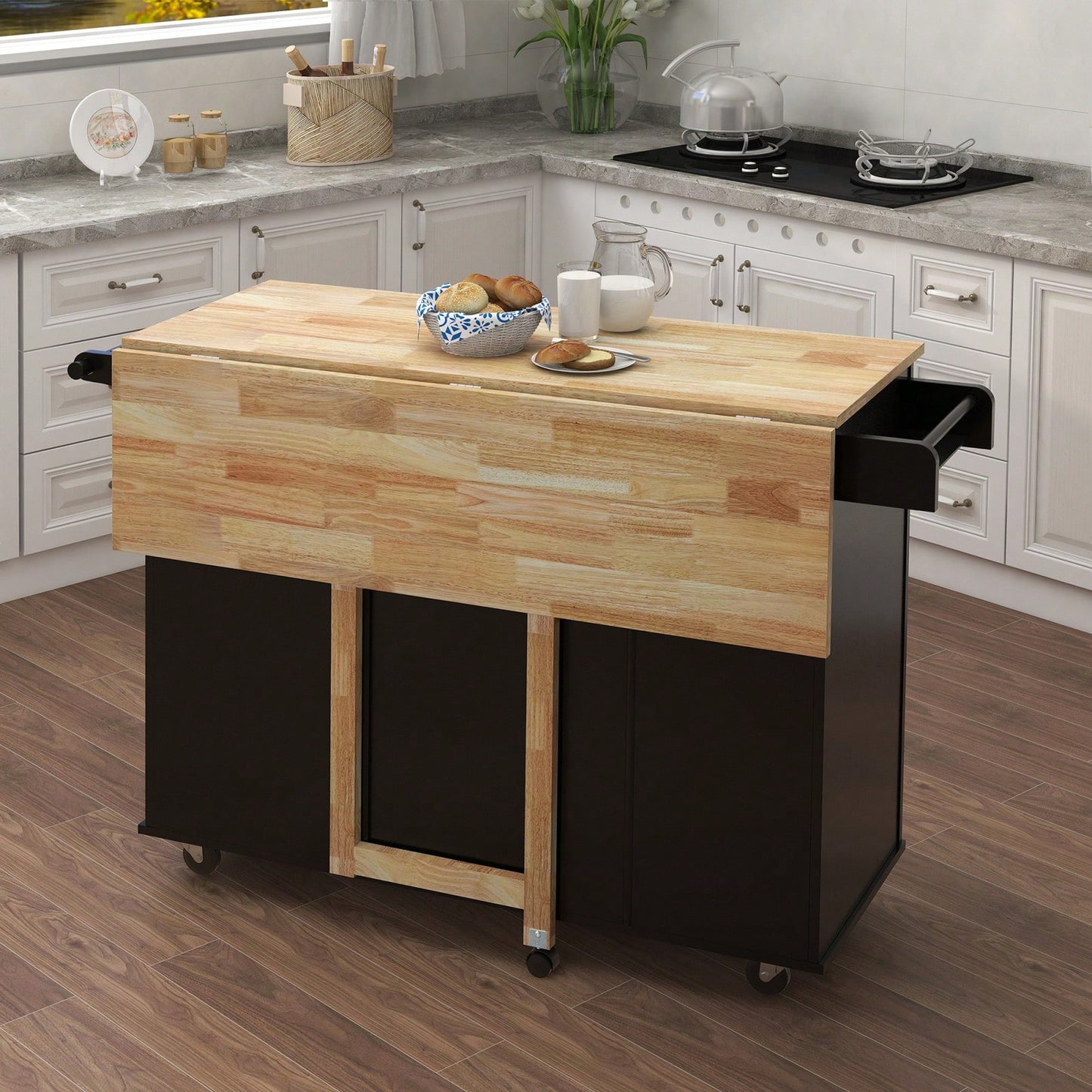 Multifunctional Kitchen Island With Extendable Solid Wood Tabletop, Spice Rack, Towel Bar, And Locking Casters