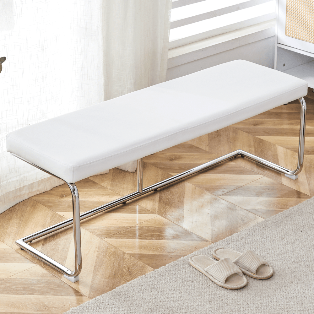 Stylish White Faux Leather Storage Bench with Silver Legs for Bedroom Entryway Living Room Easy Assembly