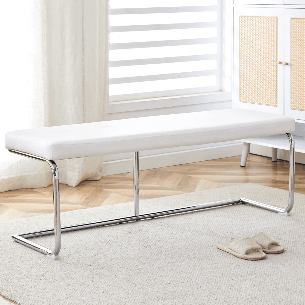 Stylish White Faux Leather Storage Bench with Silver Legs for Bedroom Entryway Living Room Easy Assembly