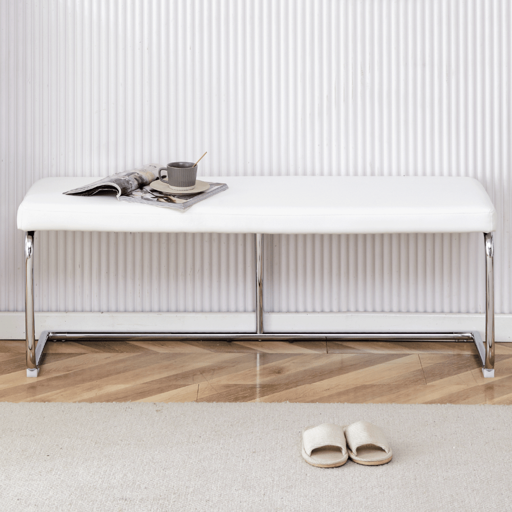 Stylish White Faux Leather Storage Bench with Silver Legs for Bedroom Entryway Living Room Easy Assembly