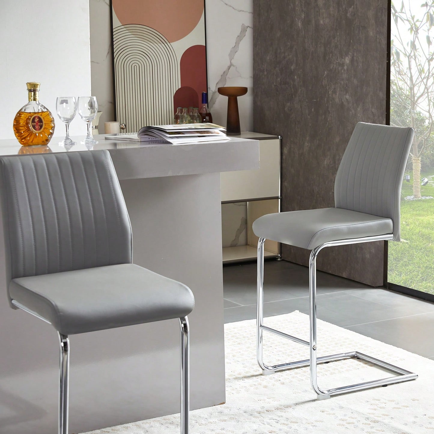 Light Grey Modern Bar Stools Set of 2 with Backrest and Footrest for Kitchen Island and Pub 39 Inch Height