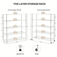 Heavy Duty 5-Tier Metal Storage Rack 300lb Per Shelf Adjustable Shelving with Wheels for Garage Kitchen Warehouse 59.45x24.02x71.65