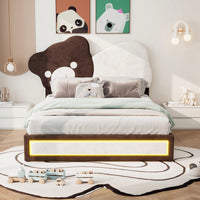Full Size Platform Bed Frame With Cute Bear Headboard, Adjustable Height, Built-In LED Light Strip, White & Brown, No Box Spring Needed