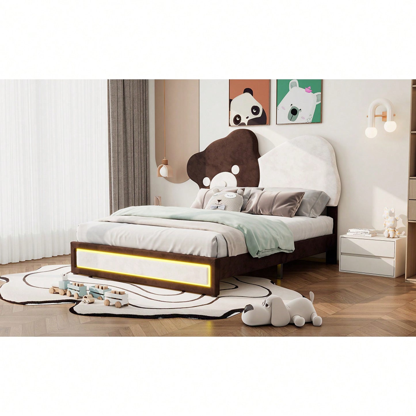 Full Size Platform Bed Frame With Cute Bear Headboard, Adjustable Height, Built-In LED Light Strip, White & Brown, No Box Spring Needed
