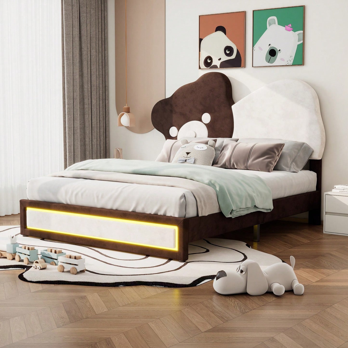 Full Size Platform Bed Frame With Cute Bear Headboard, Adjustable Height, Built-In LED Light Strip, White & Brown, No Box Spring Needed