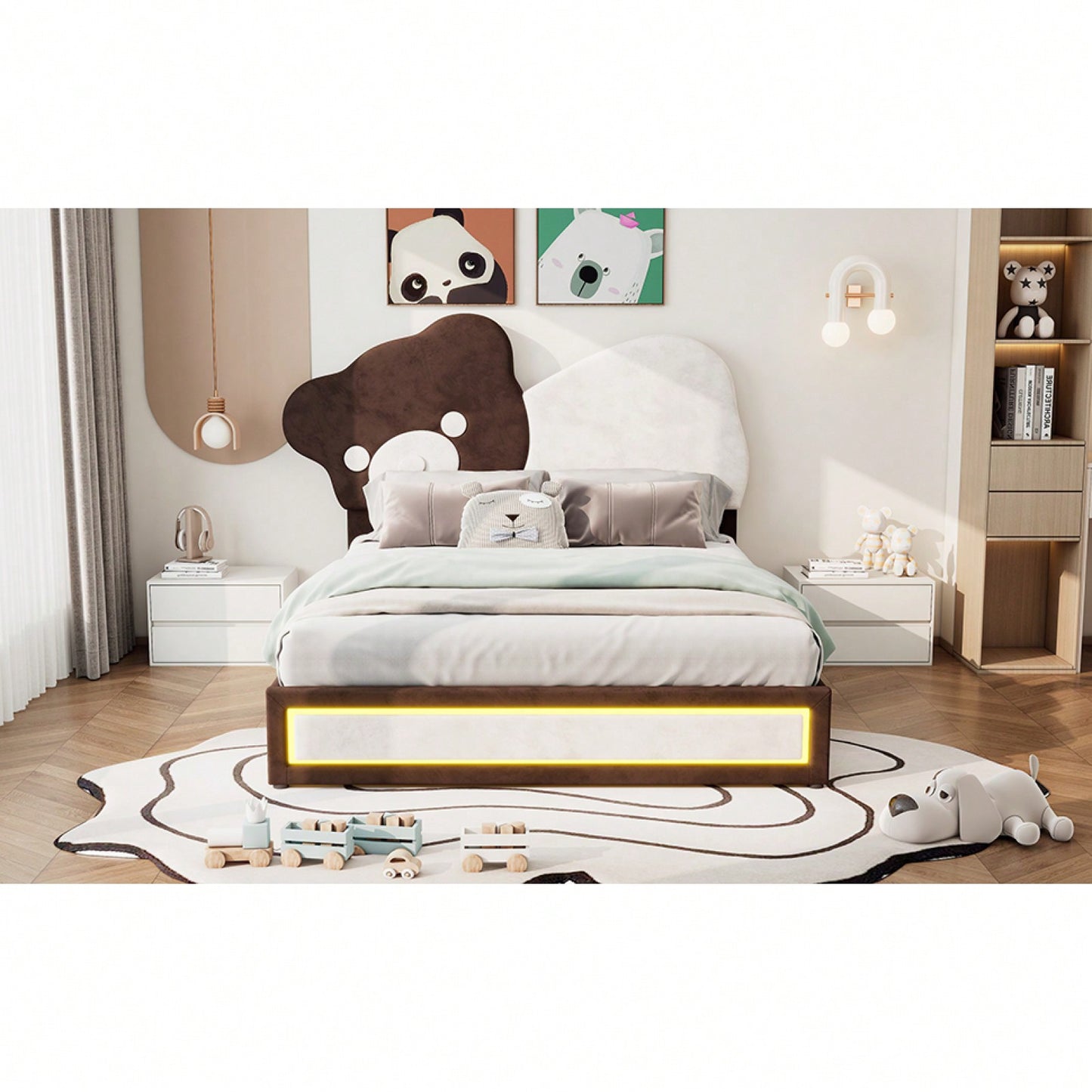 Full Size Platform Bed Frame With Cute Bear Headboard, Adjustable Height, Built-In LED Light Strip, White & Brown, No Box Spring Needed