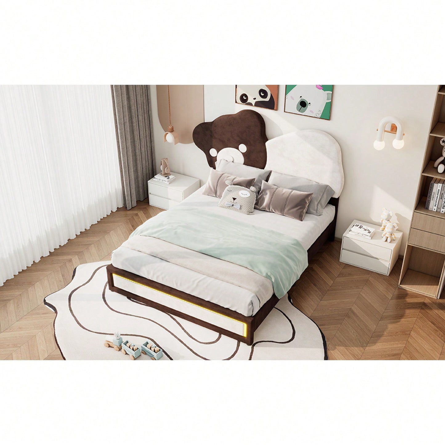 Full Size Platform Bed Frame With Cute Bear Headboard, Adjustable Height, Built-In LED Light Strip, White & Brown, No Box Spring Needed