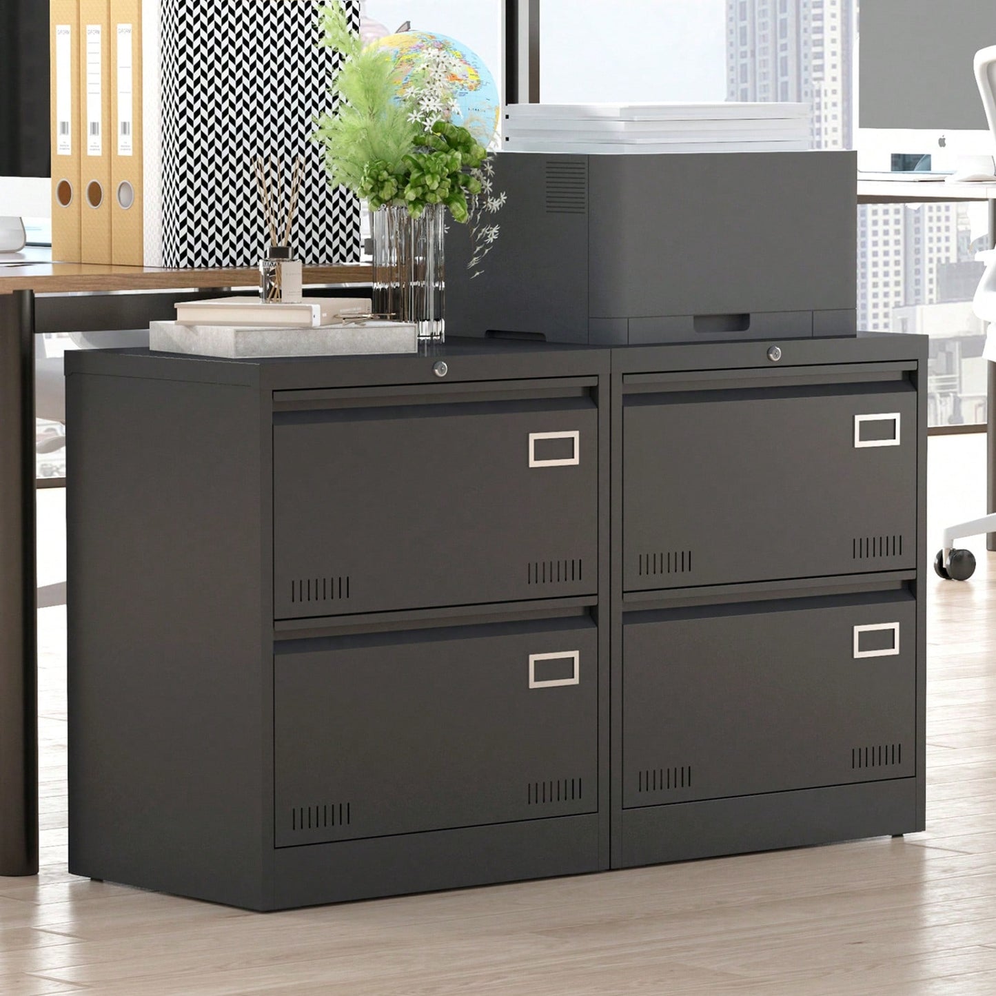 Heavy Duty Metal 2 Drawer Lateral File Cabinet with Lock for Legal Letter A4 Size Storage Black