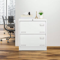 White Metal 2 Drawer Lateral Filing Cabinet with Lock for Home Office Legal Letter A4 Size Anti-Tilt 60KG Capacity