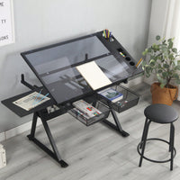 Adjustable Drafting Table with Tempered Glass Top and Stool for Artists and Designers with Storage Drawers and Side Trays