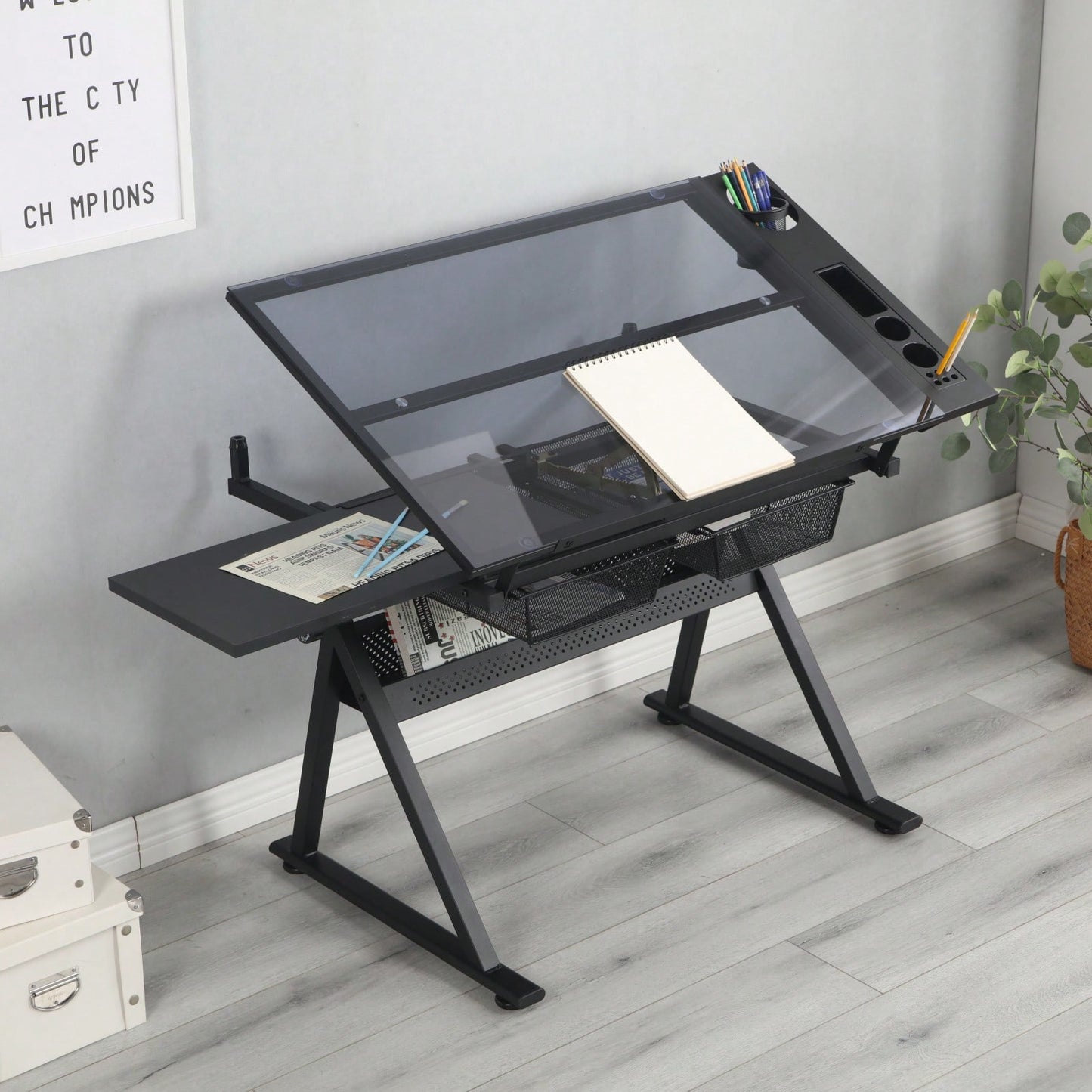 Adjustable Drafting Table with Tempered Glass Top and Stool for Artists and Designers with Storage Drawers and Side Trays