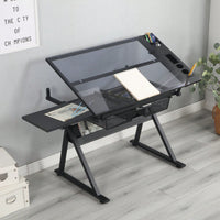 Adjustable Drafting Table with Tempered Glass Top and Stool for Artists and Designers with Storage Drawers and Side Trays