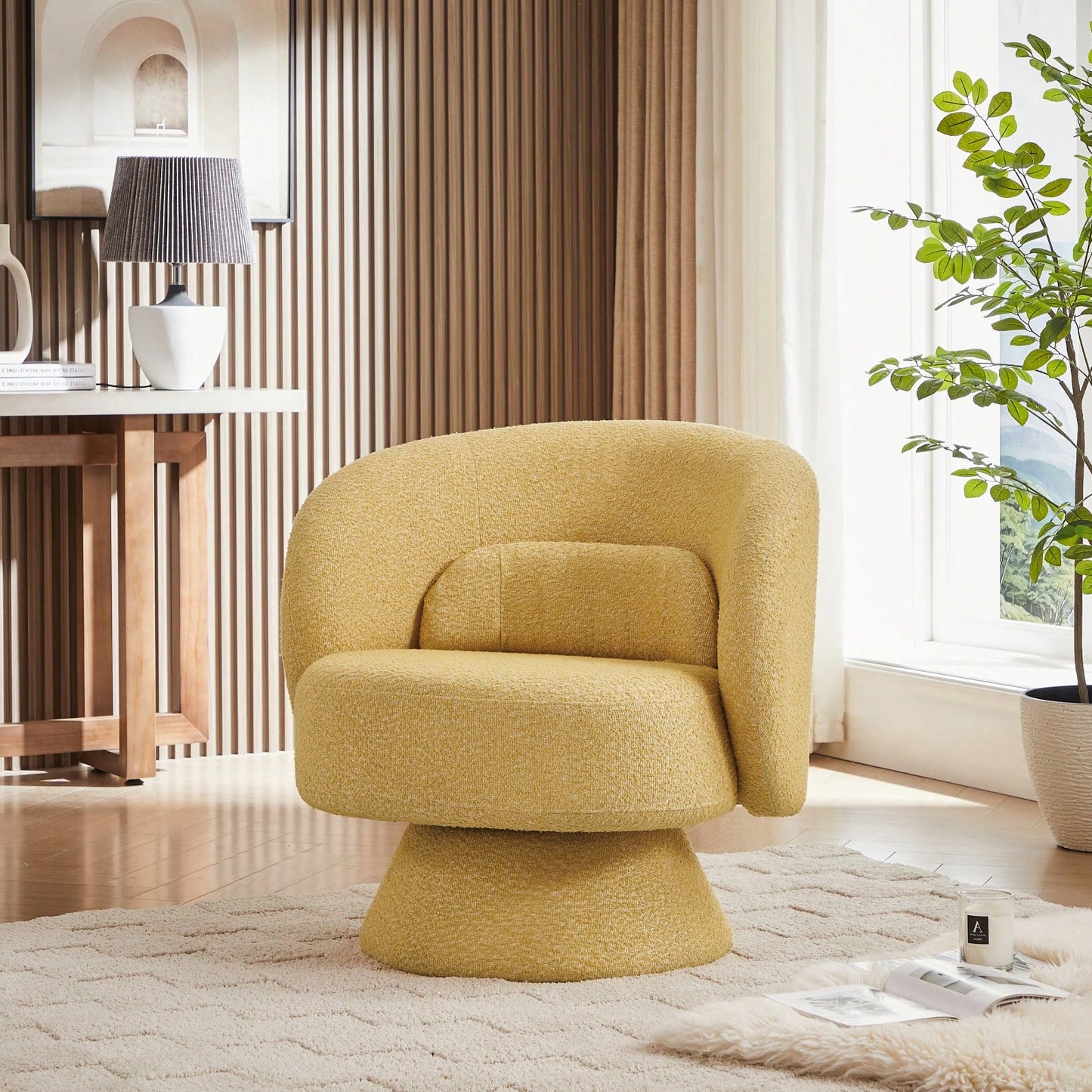 Yellow Swivel Sherpa Accent Chair with Pillows | Modern Barrel Chair for Living Room Bedroom or Office