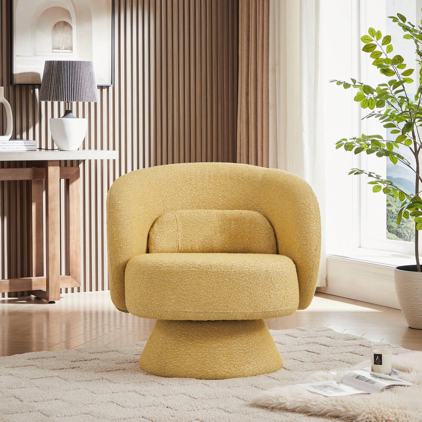 Yellow Swivel Sherpa Accent Chair with Pillows | Modern Barrel Chair for Living Room Bedroom or Office