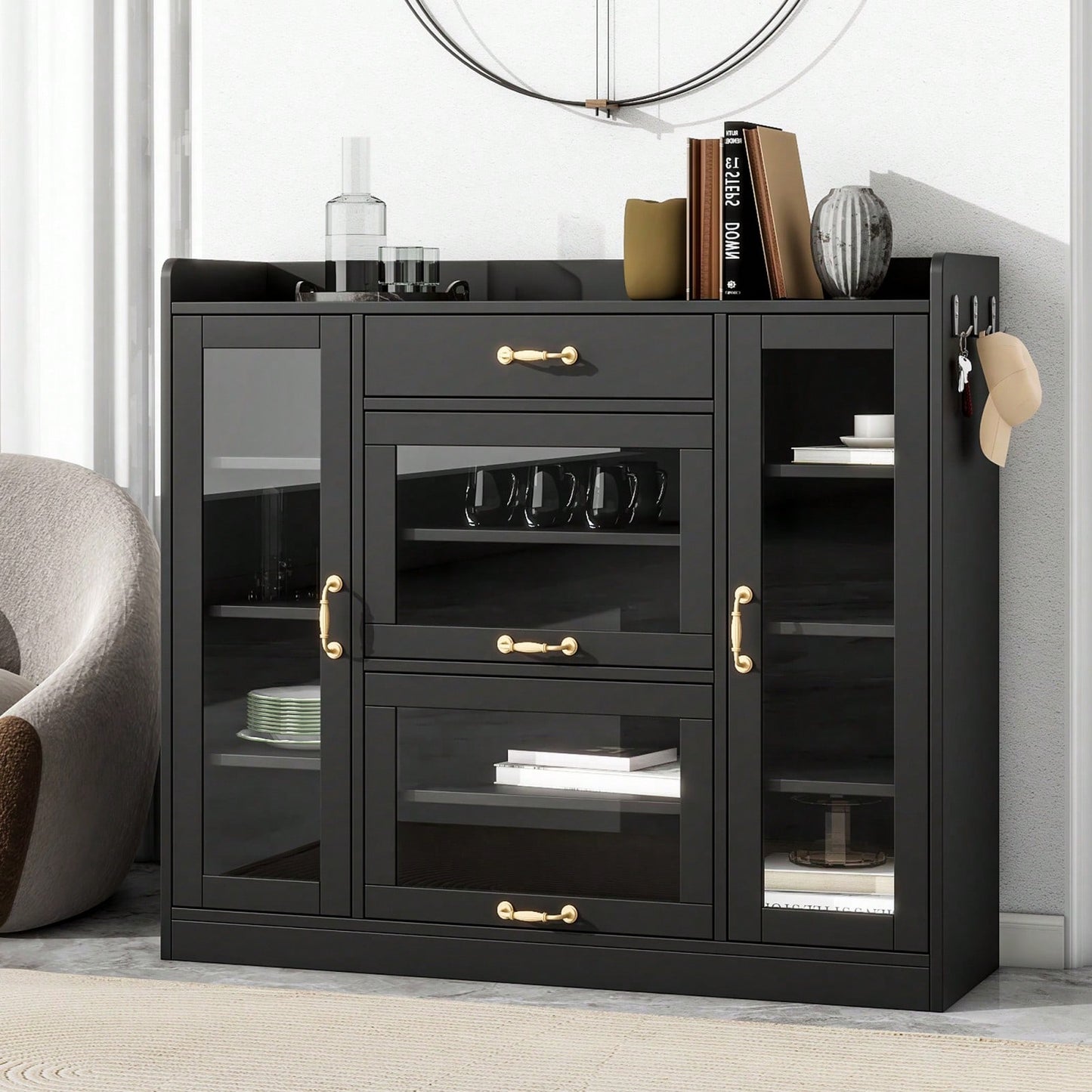 Stylish Black Glass Door Storage Cabinet with Adjustable Shelves and Gold Handles for Hallway and Living Room