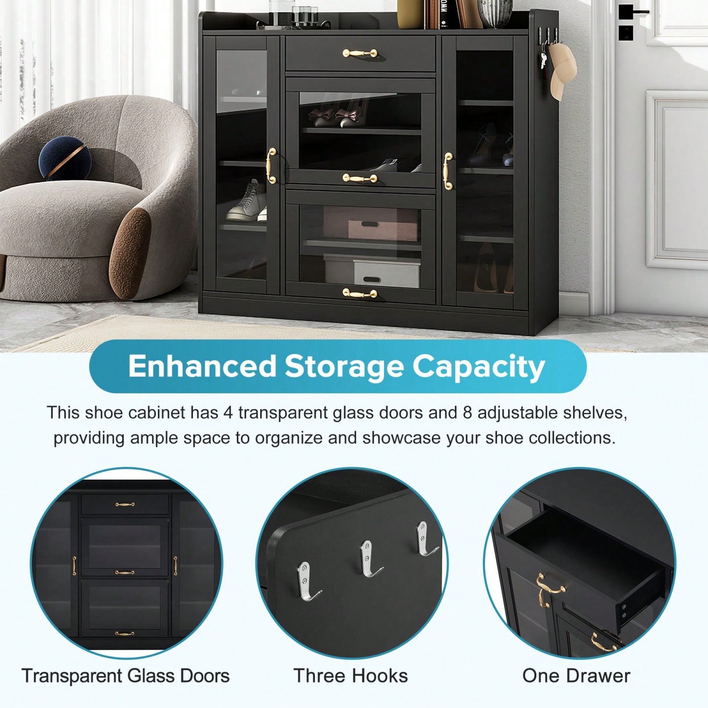 Stylish Black Glass Door Storage Cabinet with Adjustable Shelves and Gold Handles for Hallway and Living Room