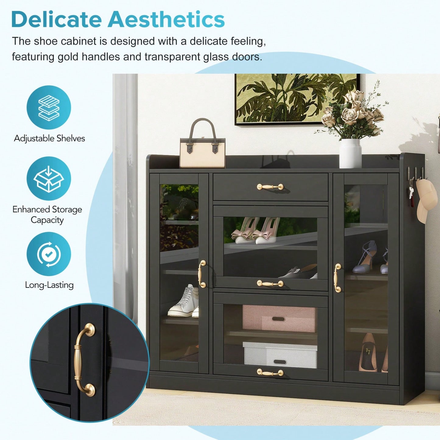 Stylish Black Glass Door Storage Cabinet with Adjustable Shelves and Gold Handles for Hallway and Living Room