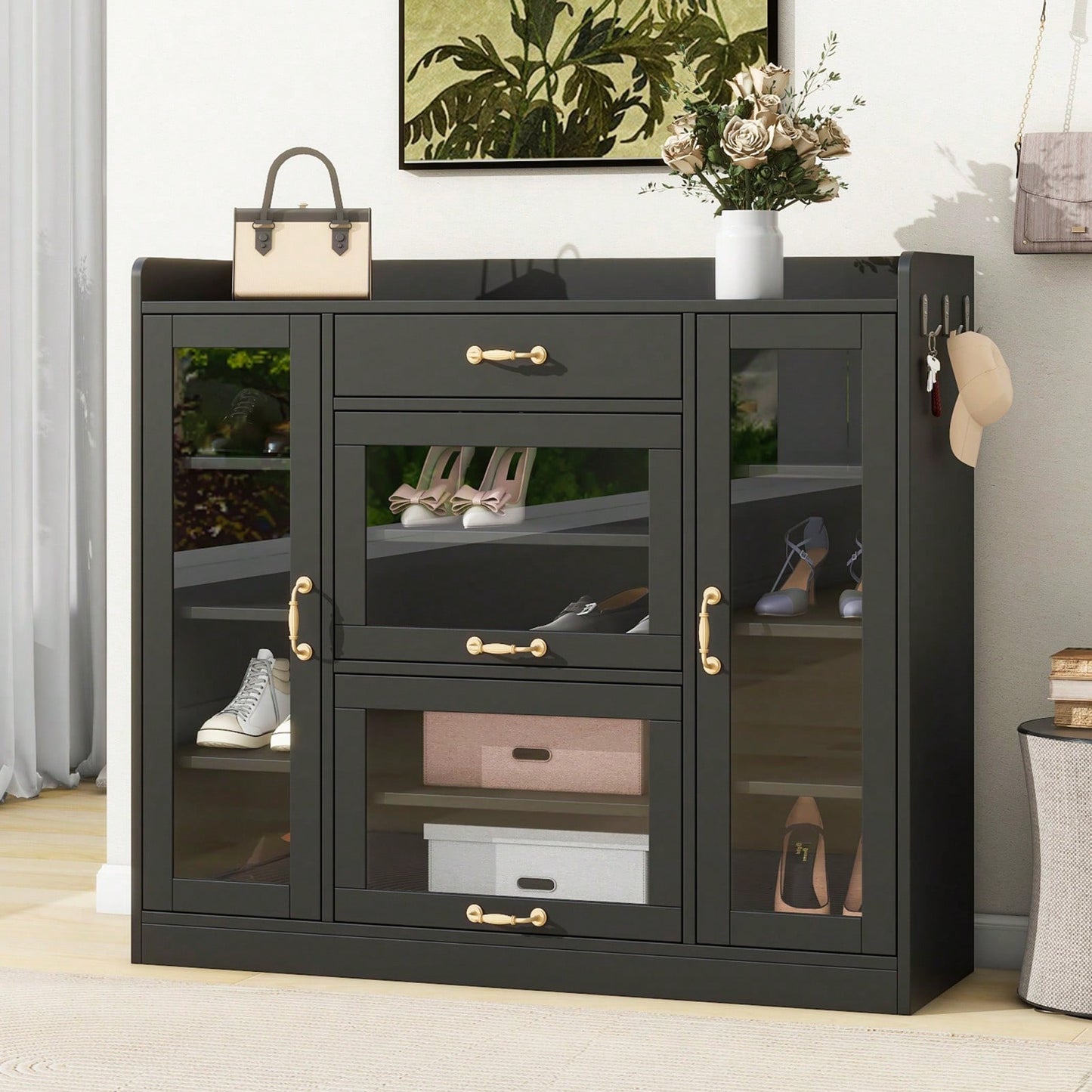 Stylish Black Glass Door Storage Cabinet with Adjustable Shelves and Gold Handles for Hallway and Living Room