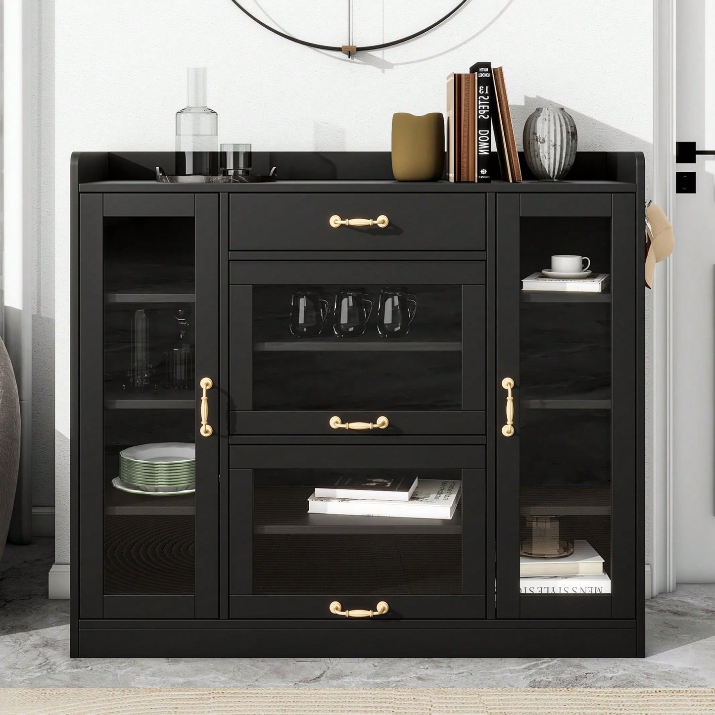 Stylish Black Glass Door Storage Cabinet with Adjustable Shelves and Gold Handles for Hallway and Living Room