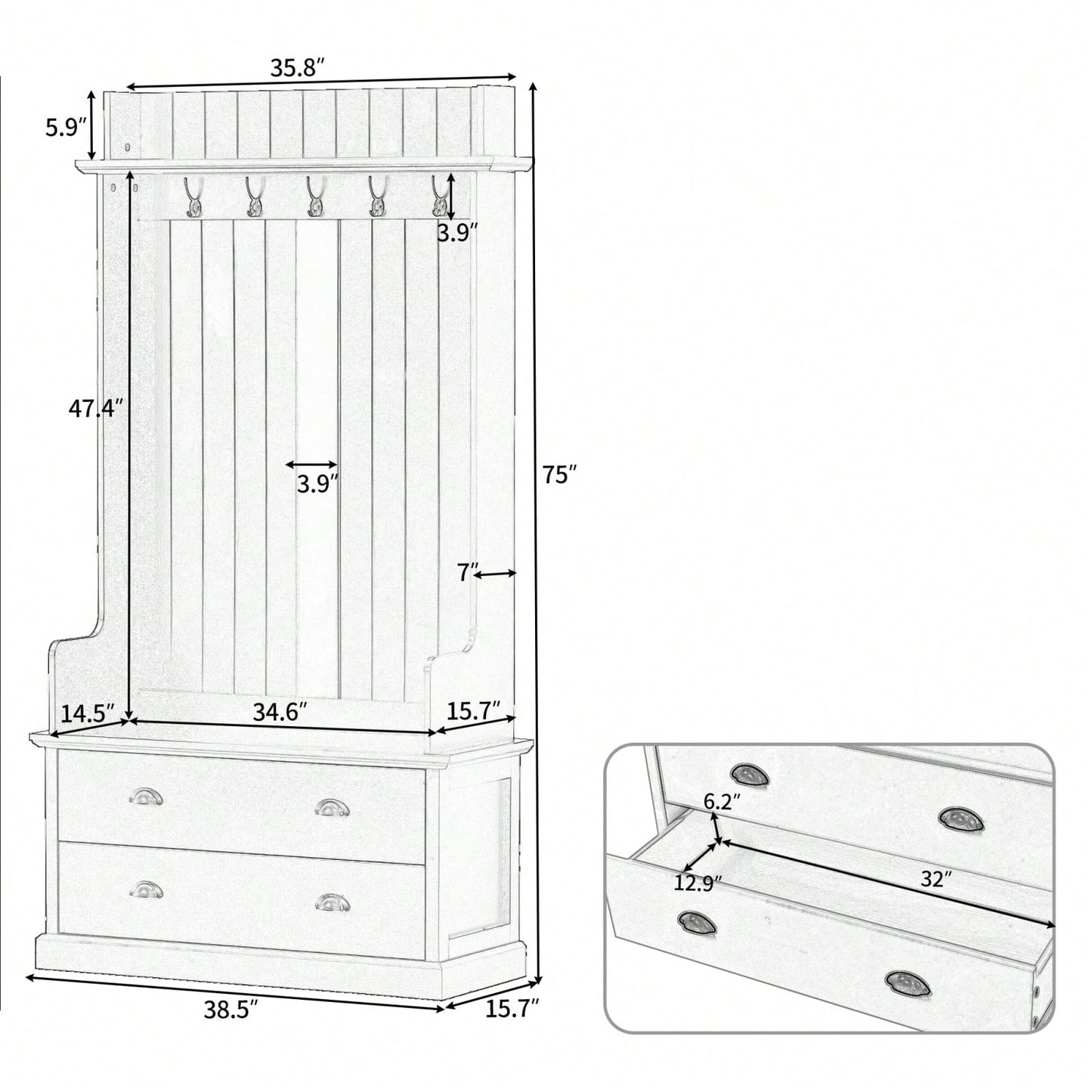 Vintage Hall Tree With Storage Bench And Coat Hooks, Entryway Organizer With 5 Hooks & 2 Drawers