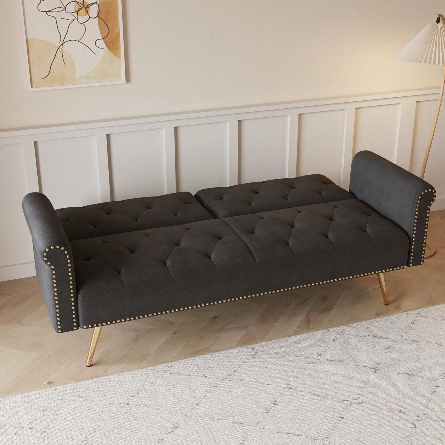 Mid-Century Modern Velvet Sofa Bed with Pillows Convertible Sleeper for Small Spaces Supports 600 Lbs