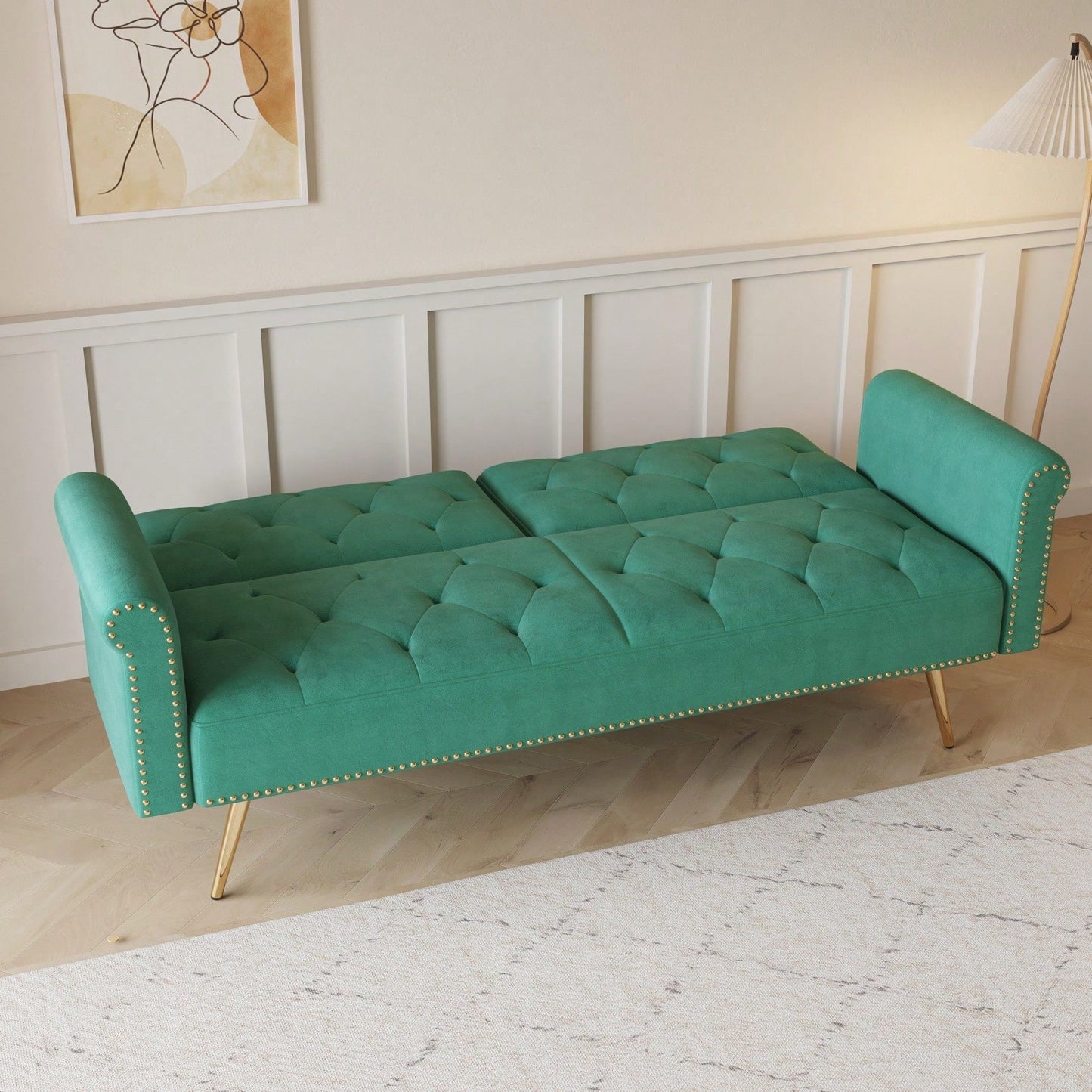 Mid-Century Modern Velvet Sofa Bed with Pillows Convertible Sleeper for Small Spaces Supports 600 Lbs