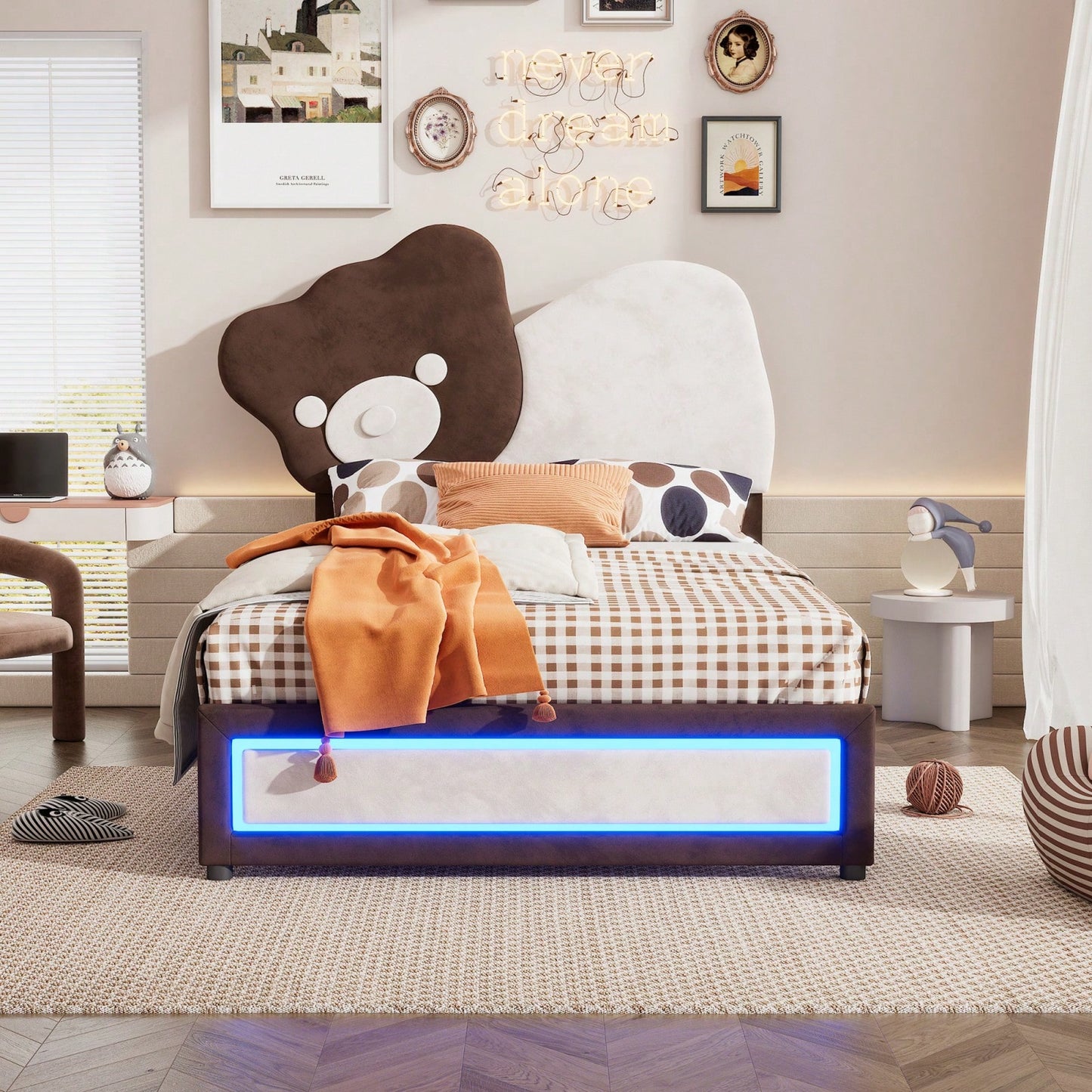 Twin Platform Bed With Cute Bear Headboard, LED Lights, Adjustable Height, No Box Spring Needed, White & Brown, Easy Assembly