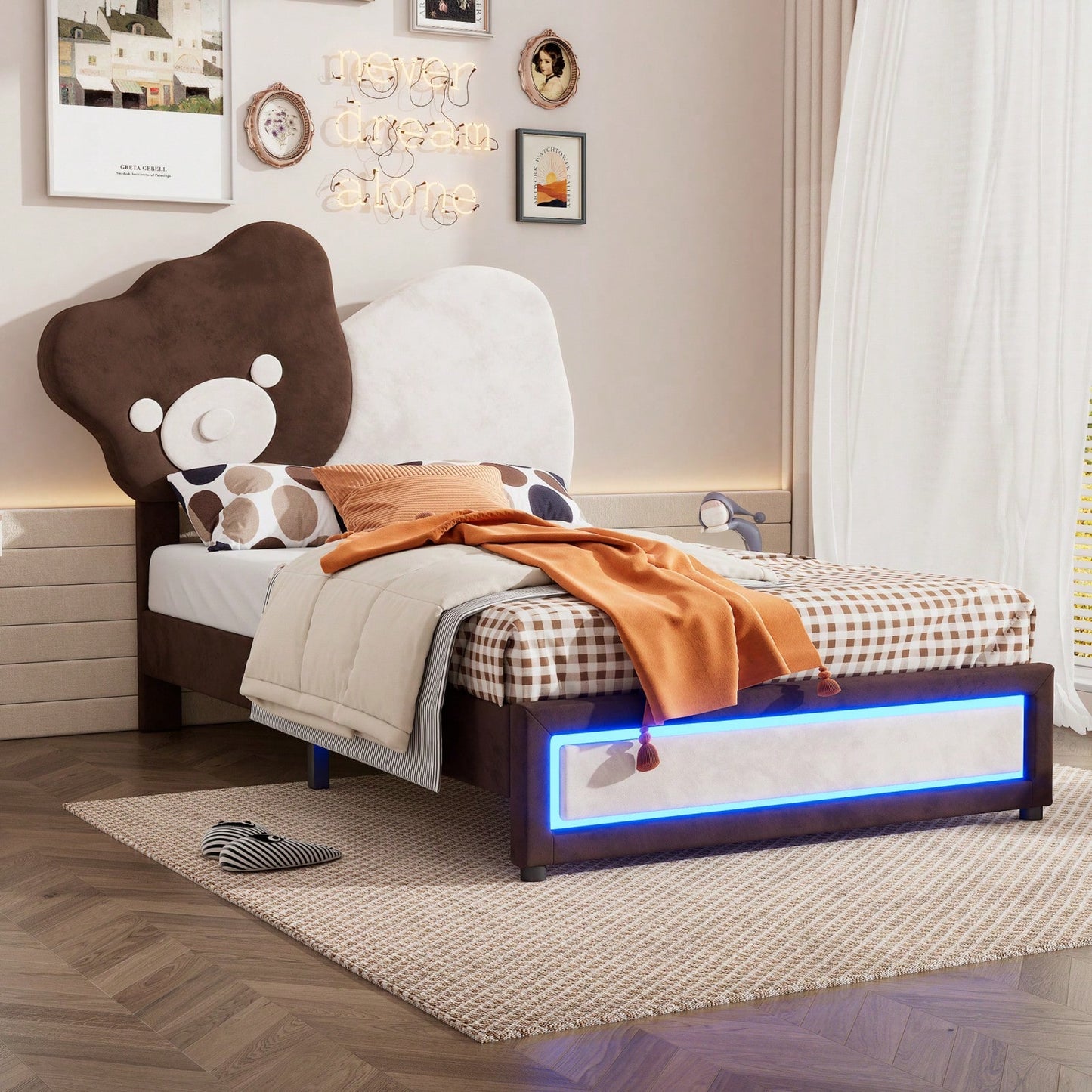 Twin Platform Bed With Cute Bear Headboard, LED Lights, Adjustable Height, No Box Spring Needed, White & Brown, Easy Assembly