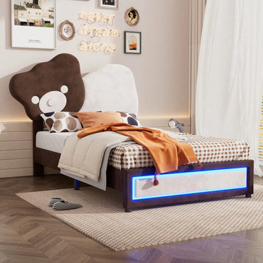 Twin Platform Bed With Cute Bear Headboard, LED Lights, Adjustable Height, No Box Spring Needed, White & Brown, Easy Assembly