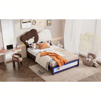 Twin Platform Bed With Cute Bear Headboard, LED Lights, Adjustable Height, No Box Spring Needed, White & Brown, Easy Assembly