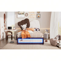 Twin Platform Bed With Cute Bear Headboard, LED Lights, Adjustable Height, No Box Spring Needed, White & Brown, Easy Assembly