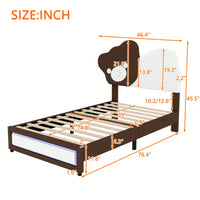 Twin Platform Bed With Cute Bear Headboard, LED Lights, Adjustable Height, No Box Spring Needed, White & Brown, Easy Assembly