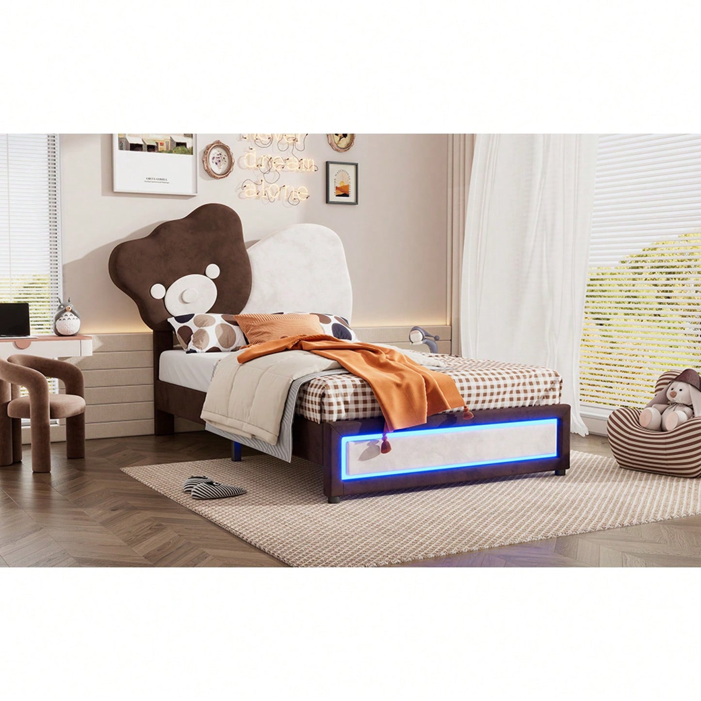 Twin Platform Bed With Cute Bear Headboard, LED Lights, Adjustable Height, No Box Spring Needed, White & Brown, Easy Assembly