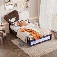 Twin Platform Bed With Cute Bear Headboard, LED Lights, Adjustable Height, No Box Spring Needed, White & Brown, Easy Assembly